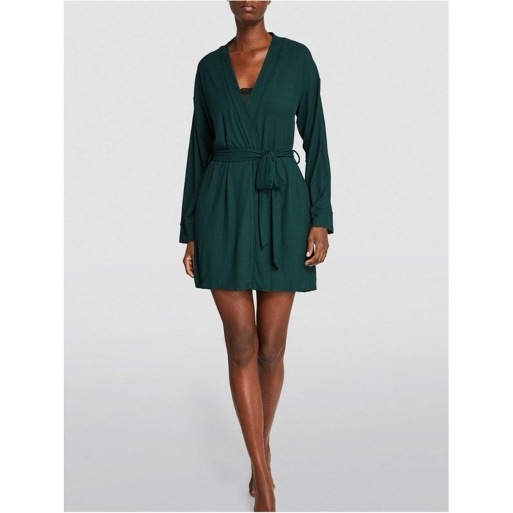SKIMS Soft Lounge Short Robe Cypress Green Ribbed Modal Wrap Mini SL-WRP-5015 SM